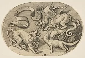 Marco Dente Da Ravenna Gallery: A lion, dragon and fox fighting each other, an inscribed banderole above, an oval c