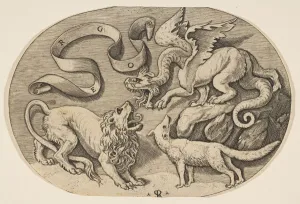 Marco Dente Gallery: A lion, dragon and fox fighting each other, an inscribed banderole above, an oval c