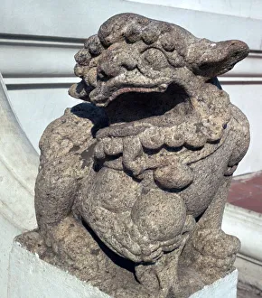 Bangkok Prints: Lion guardian on the steps of a Buddhist temple