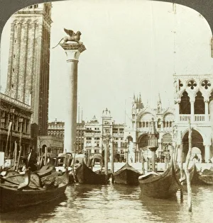Gondolas Prints: The Lion of Venice beside San Marco, (north), Italy, c1909. Creator: Unknown