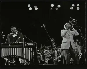 Al Grey Gallery: Lionel Hampton (vibraphone) and Al Grey (trombone) on stage at Knebworth, Hertfordshire, July 1982