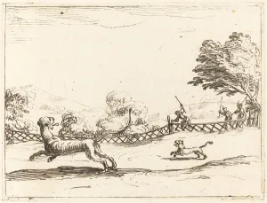 Lioness and Cub Pursued by Hunters. Creator: Jacques Callot