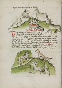 Lions and a Donkey with Other Animals: A Lion in his Den and a Fox... third quarter of 15th cent. Creator: Unknown