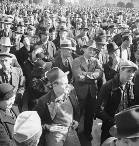 Protesters Prints: Listening to speeches at mass meeting of WPA workers