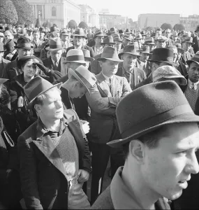 Protesters Prints: Listening to speeches at mass meeting of WPA workers protesting