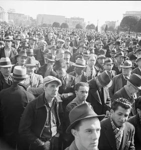 Protesters Prints: Listening to speeches at mass meeting of WPA workers protesting