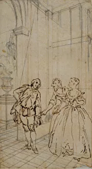 Literary Illustration with Gentleman and Two Ladies in Interior, n.d