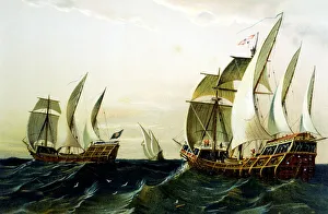 Santa Maria Prints: Detail of a lithograph made ??in 1875 showing the Caravels of Columbus first voyage