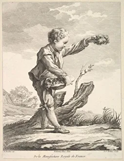 Tardieu Prints: Little boy holding a wreath and basket of flowers, from Deuxieme Livre de Figures d