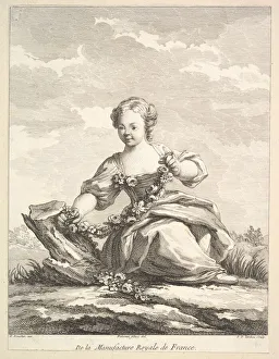 Tardieu Prints: Little girl holding a garland of flowers, from Deuxieme Livre de Figures d aprè