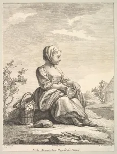 Tardieu Prints: Little girl holding grapes with a basket of them by her side, from Deuxieme Livre de