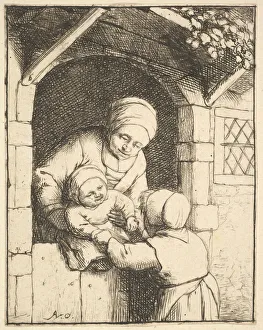Dutch Door Prints: Little Girl Playing with a Baby in its Mothers Arms, 1610-85