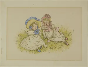 Greenaway Catherine Prints: Two Little Girls with Bonnets, 1883. Creator: Catherine Greenaway