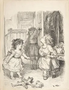 Quarrel Prints: Three Little Girls in a Room Arguing and Spitting, 1835-1903. Creator: Lorenz Frolich
