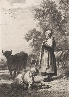 Milkmaids Prints: Little Milkmaids, 1864. Creator: Charles Emile Jacque