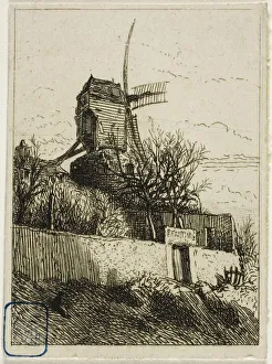 Etchingetching On Ivory Wove Paper Prints: Little Mill at Montmartre, 1842. Creator: Charles Emile Jacque