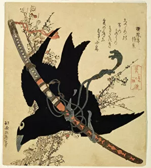 Raven Gallery: The little raven. Minamoto clan sword, c1823. Artist: Hokusai