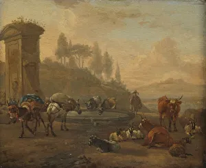 Pack Animals Prints: Livestock by a Fountain, 1650-1694. Creator: Willem Romeyn