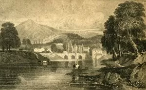 Llangollen Bridge, Castle Dinas Bran, on the River Dee: North Wales, 19th century