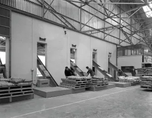 Conveyor Belt Prints: Loading animal feed onto conveyors, Spillers Animal Feeds, Gainsborough, Linconshire, 1961