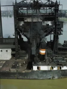 Wharf Gallery: Loading coal into a lake freighter at the Pennsylvania Railroad docks, Sandusky, Ohio, 1943