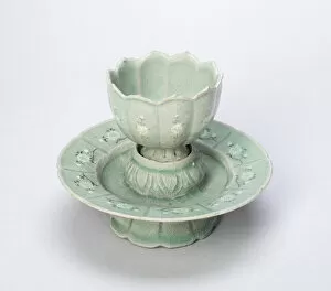 Goryeo Dynasty Gallery: Lobed Cup and Stand with Chrysanthemum Flower Heads, Floral Sprays, and Fish Amid