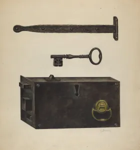 Bowman Charles Prints: Lock, Key, Hinge, c. 1938. Creator: Charles Bowman