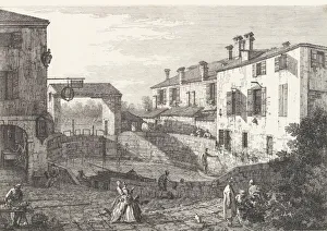 Second State Of Three Prints: The Locks at Dolo, an oval-shaped basin with boats at center, buildings on either side