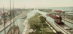 Sault Ste Marie Prints: The Locks, Sault Ste. Marie, Michigan, ca 1900. Creator: Unknown