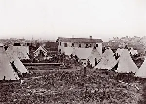 Andrew J Russell Prints: Locomotive #56, U. S. Military Railroad / City Point. Troops Ready to be Taken to the Fron