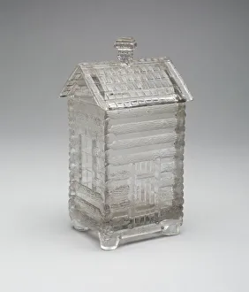 Novelty Prints: Log Cabin pattern marmalade covered jar, c. 1875. Creator: Central Glass Company