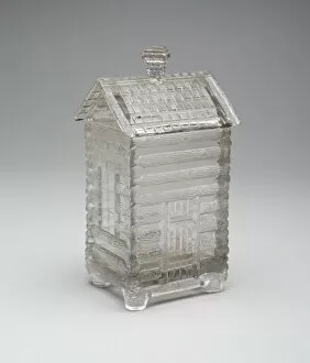 Virginia Collection: Log Cabin pattern marmalade covered jar, c. 1875. Creator: Central Glass Company
