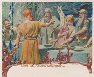 Varangians Prints: Loki at AEgirs Banquet. From Valhalla: Gods of the Teutons, c. 1905