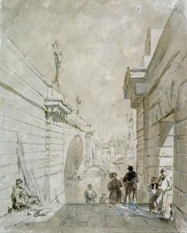 Wash Prints: London Bridge looking north from the upper landing of steps near Tooley Street, 1833