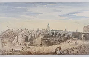Builder Gallery: London Bridge (old and new), London, 1828. Artist: G Yates