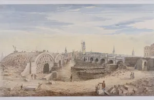 Builder Gallery: London Bridge (old and new), London, 1828. Artist: G Yates