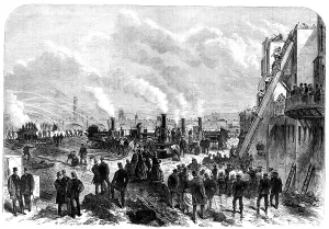 Water Supply Prints: The London Fire Brigade at practice on the Thames Embankment, 1868. Creator: Unknown