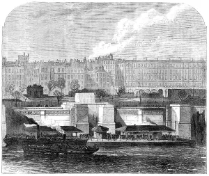 Floating Prints: London improvements: Hungerford Pier on the Thames Embankment, 1869. Creator: Unknown