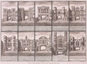 Londons ten City Gates, 1720. Artist: Sutton Nicholls