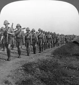 On the long march through torrid heat to Baghdad, World War I, c1914-c1917. Artist: Realistic Travels Publishers