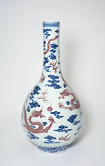 Awata Ware Prints: Long-Necked Vase with Dragons Chasing Flaming Pearls among Stylized