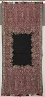 Wool Collection: Long Shawl with Black Center and Exotic Four-Sided Gallery in Chinoiserie Style, 1840s
