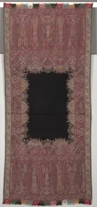 Wool Prints: Long Shawl with Black Center and Exotic Four-Sided Gallery in Chinoiserie Style, 1840s