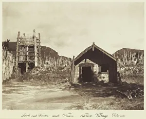 Look Out Point Prints: Look-out tower and whare, native village, Rotorua, 1920s. Creator: Harry Moult
