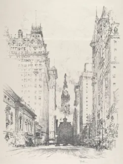 Broad Street Prints: Looking up Broad Street from Spruce Street, 1912. Creator: Joseph Pennell