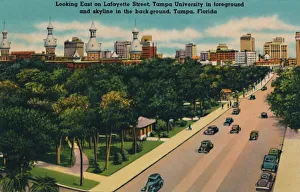 Tichnor Quality View Prints: Looking East on Lafayette Street, Tampa University and skyline, Tampa, Florida, c1940s