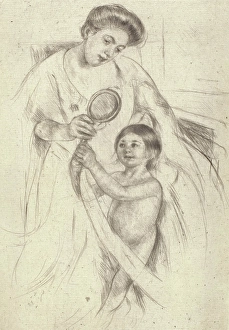 Cassatt Prints: Looking Into A Hand Mirror #3, about 1905. Creator: Mary Cassatt