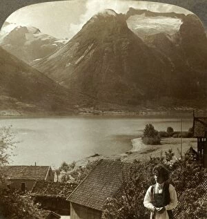 Underwood Travel Library Gallery: Looking from Hjelle across quiet Strynns Lake to steep glaciers of Mt. Skaala, Norway, c1905