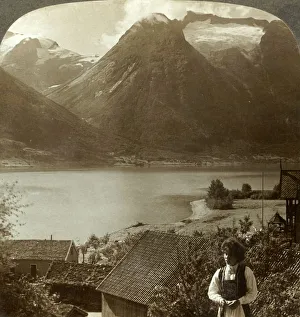 Sogn Og Fjordane Prints: Looking from Hjelle across quiet Strynns Lake to steep glaciers of Mt