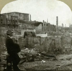 World Wide View Co Prints: Looking north up Mason St. from Eddy - Ruins of the Fairmont $4, 000, 000 hotel, 1906